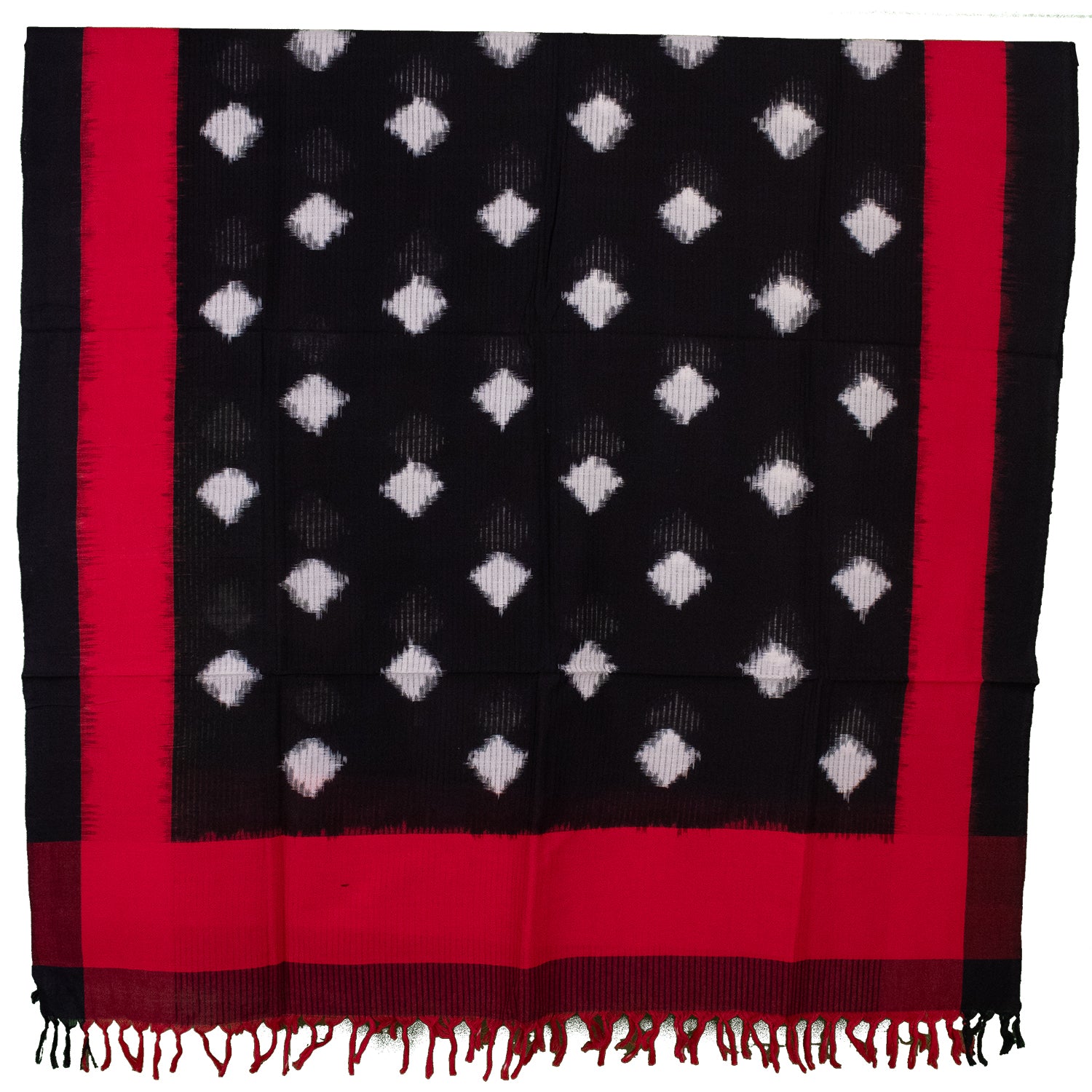 Jet Black & Crimson Red Geometric Diamond Sambalpuri Single Ikat Cotton Dupatta