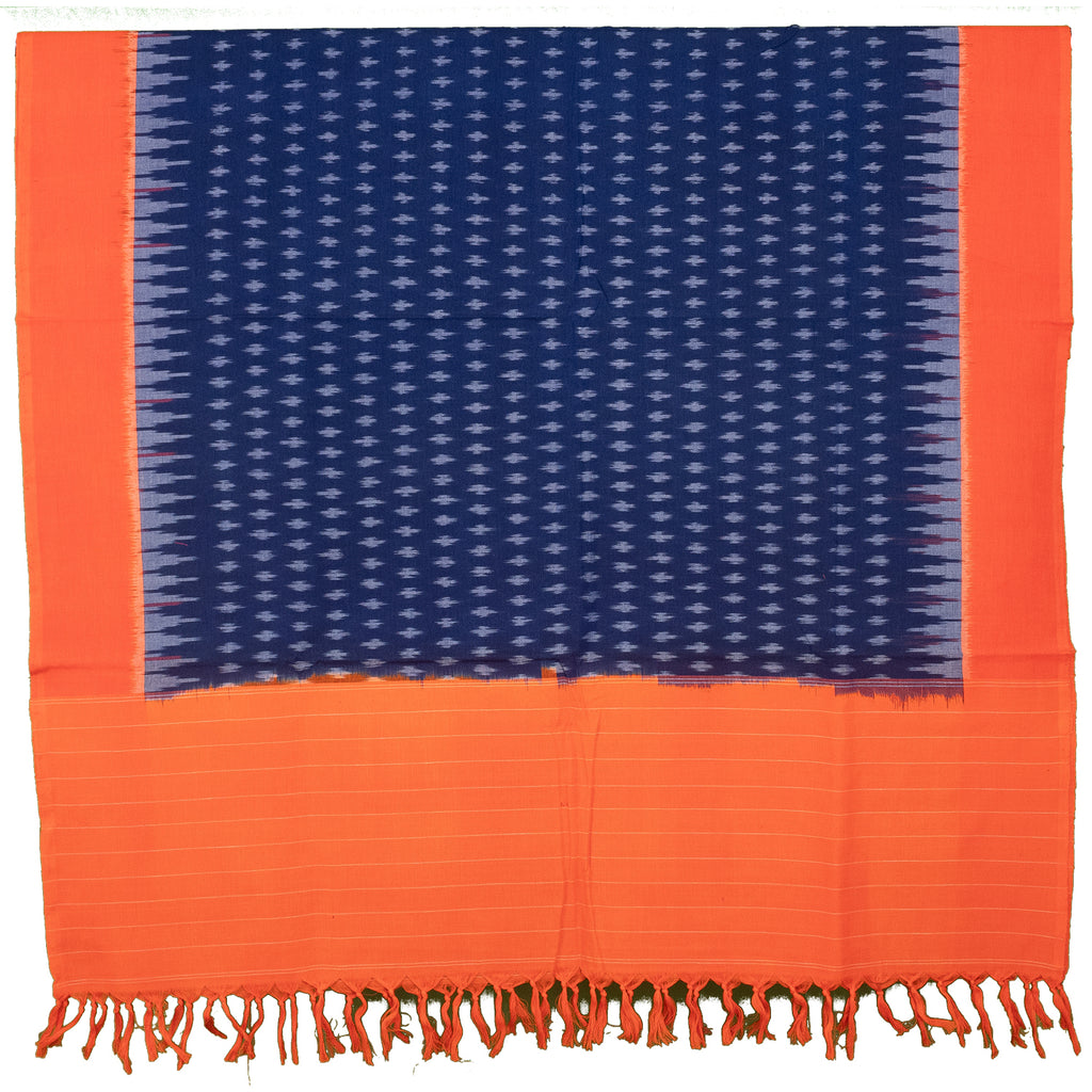 Navy Blue & Bright Orange Geometric Pochampally Single Ikat Cotton Dupatta