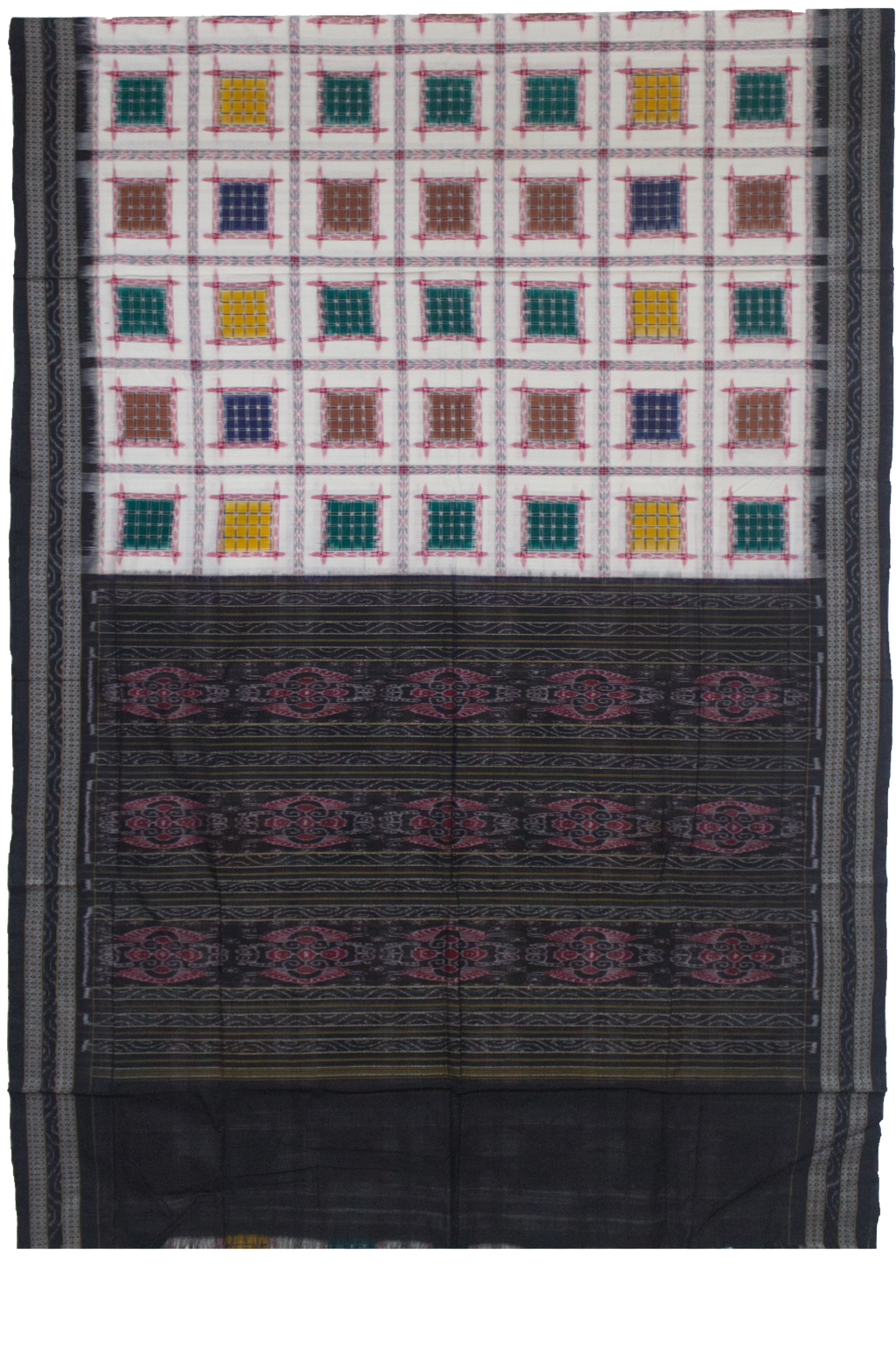 Off-White & Charcoal Black Geometric Sambalpuri Double Ikat Cotton Saree