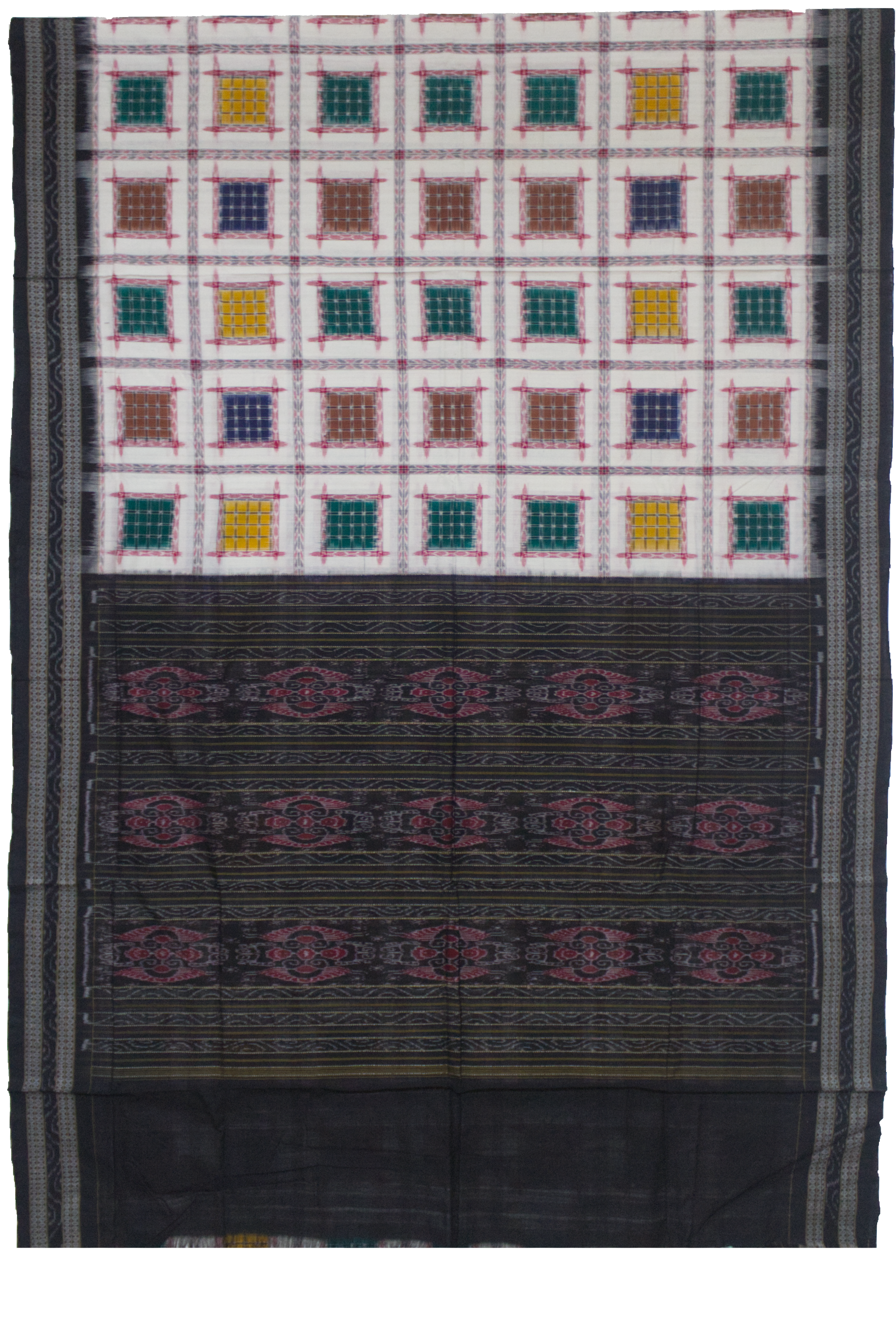 Off-White & Charcoal Black Geometric Sambalpuri Double Ikat Cotton Saree