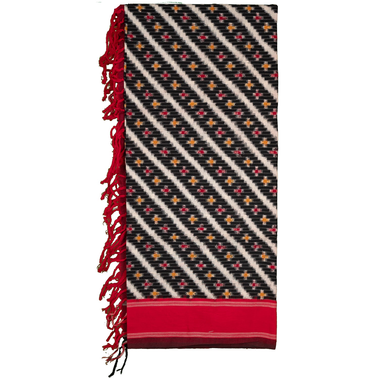 Jet Black & Crimson Red Diagonal Striped Sambalpuri Single Ikat Cotton Dupatta