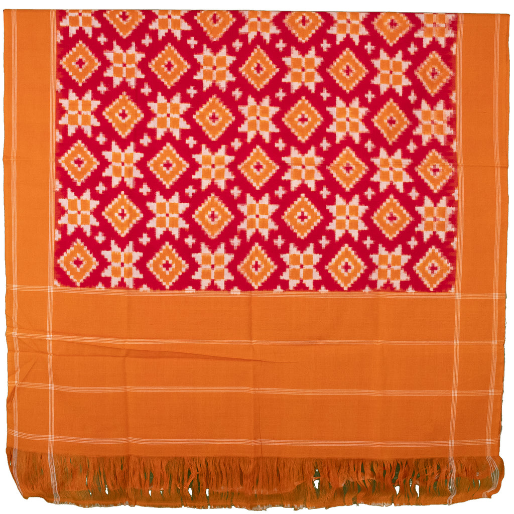 Crimson Red & Golden Orange Geometric Pochampally Double Ikat Cotton Dupatta