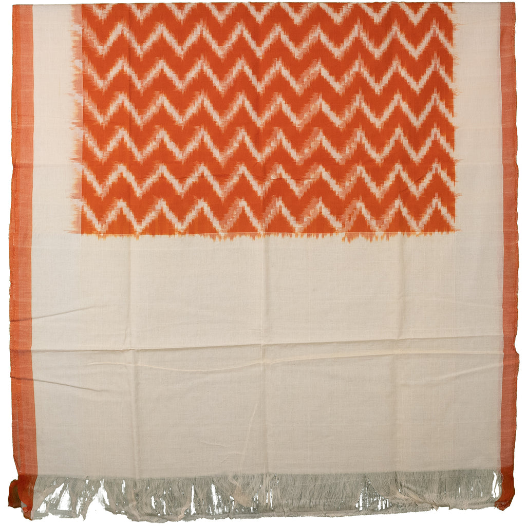 Ivory White & Rust Orange Zigzag Pochampally Single Ikat Cotton Dupatta