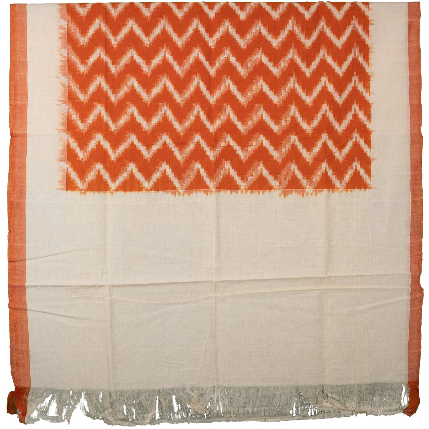 Ivory White & Rust Orange Zigzag Pochampally Single Ikat Cotton Dupatta