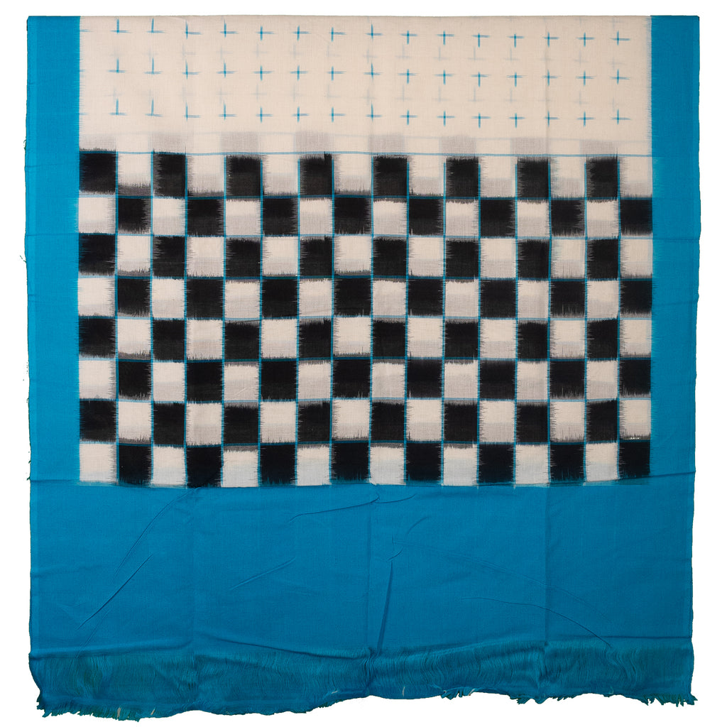 Feroza Blue & Coal Black Pasapalli Checkered Sambalpuri Single Ikat Cotton Dupatta