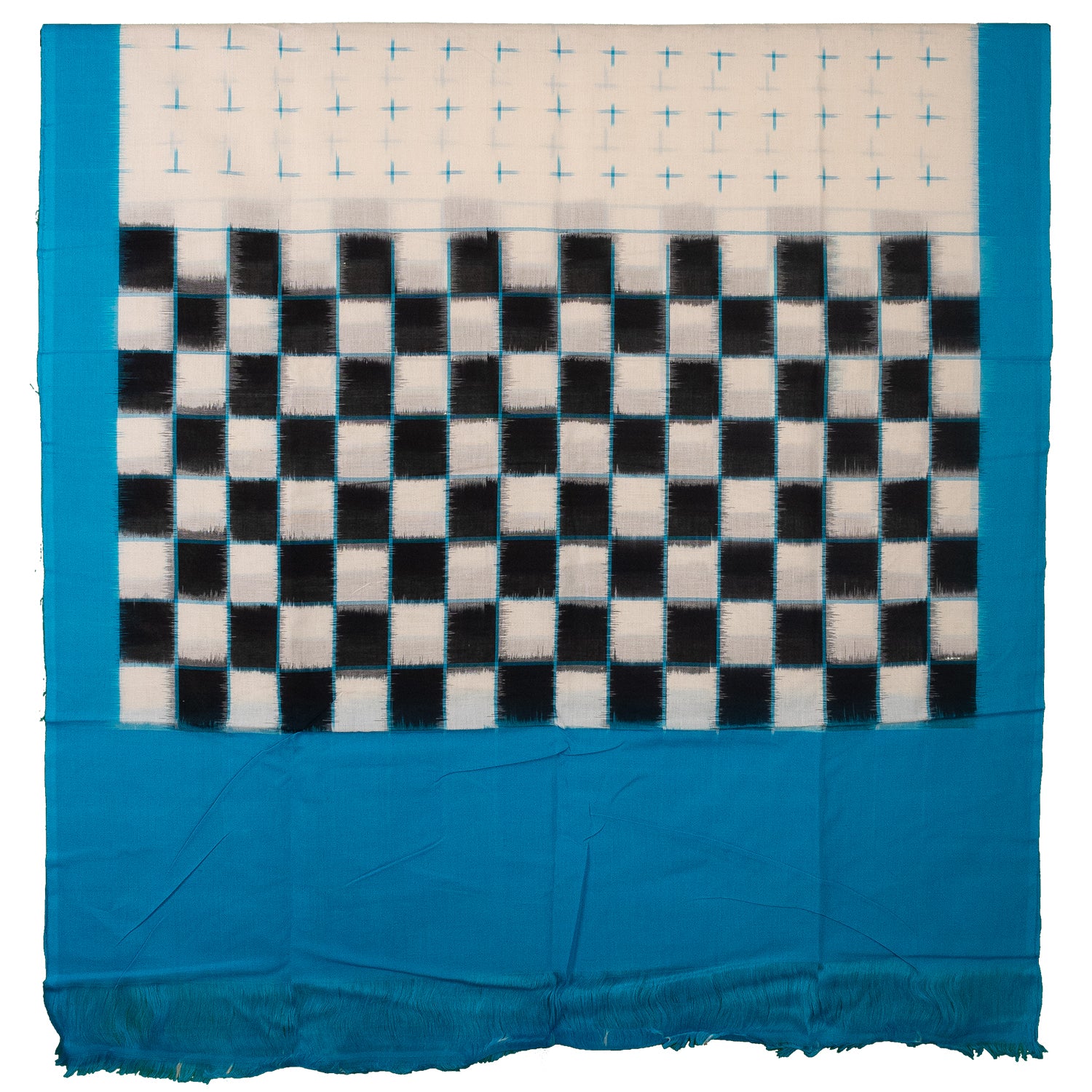 Feroza Blue & Coal Black Pasapalli Checkered Sambalpuri Single Ikat Cotton Dupatta