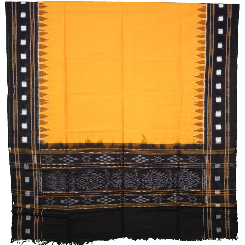 Mango Yellow & Jet Black Temple Border Sambalpuri Single Ikat Cotton Dupatta