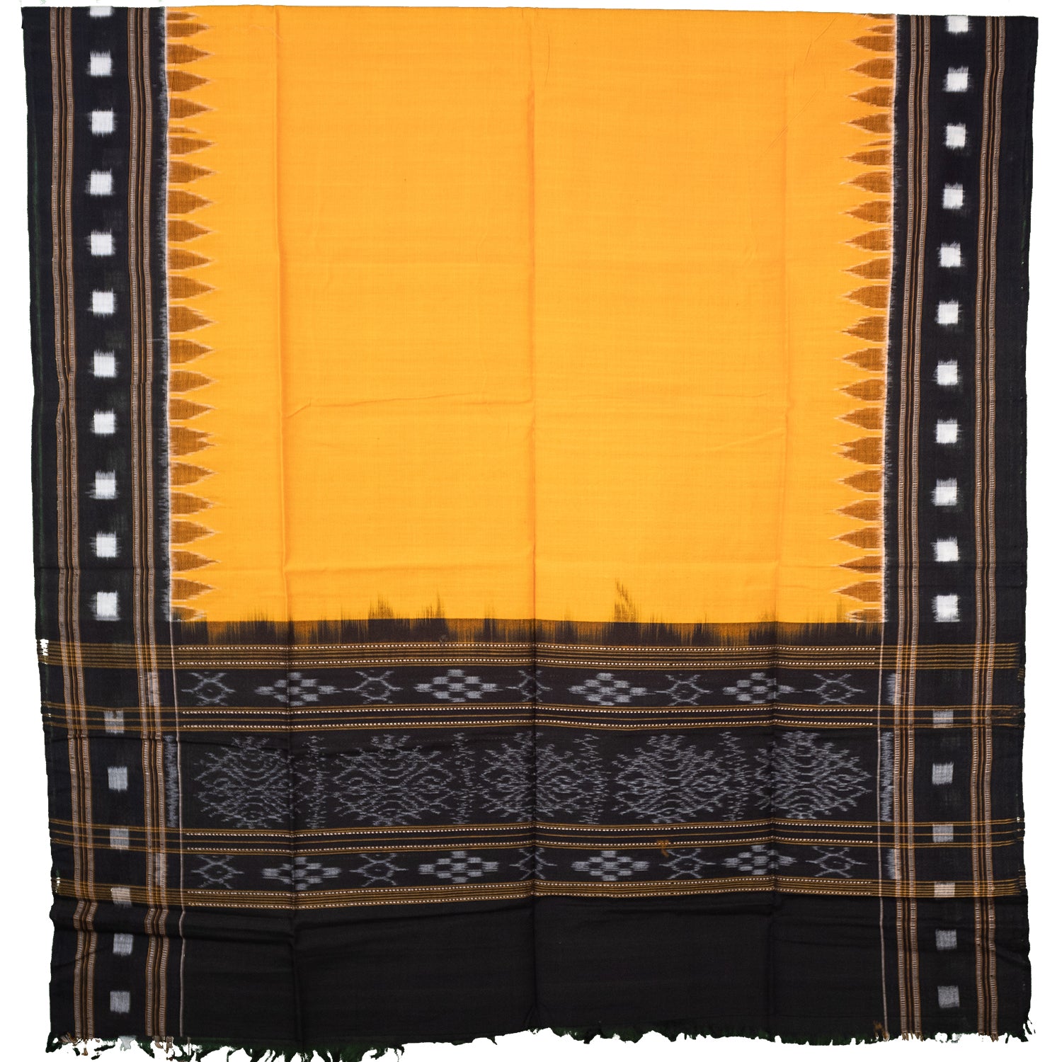 Mango Yellow & Jet Black Temple Border Sambalpuri Single Ikat Cotton Dupatta