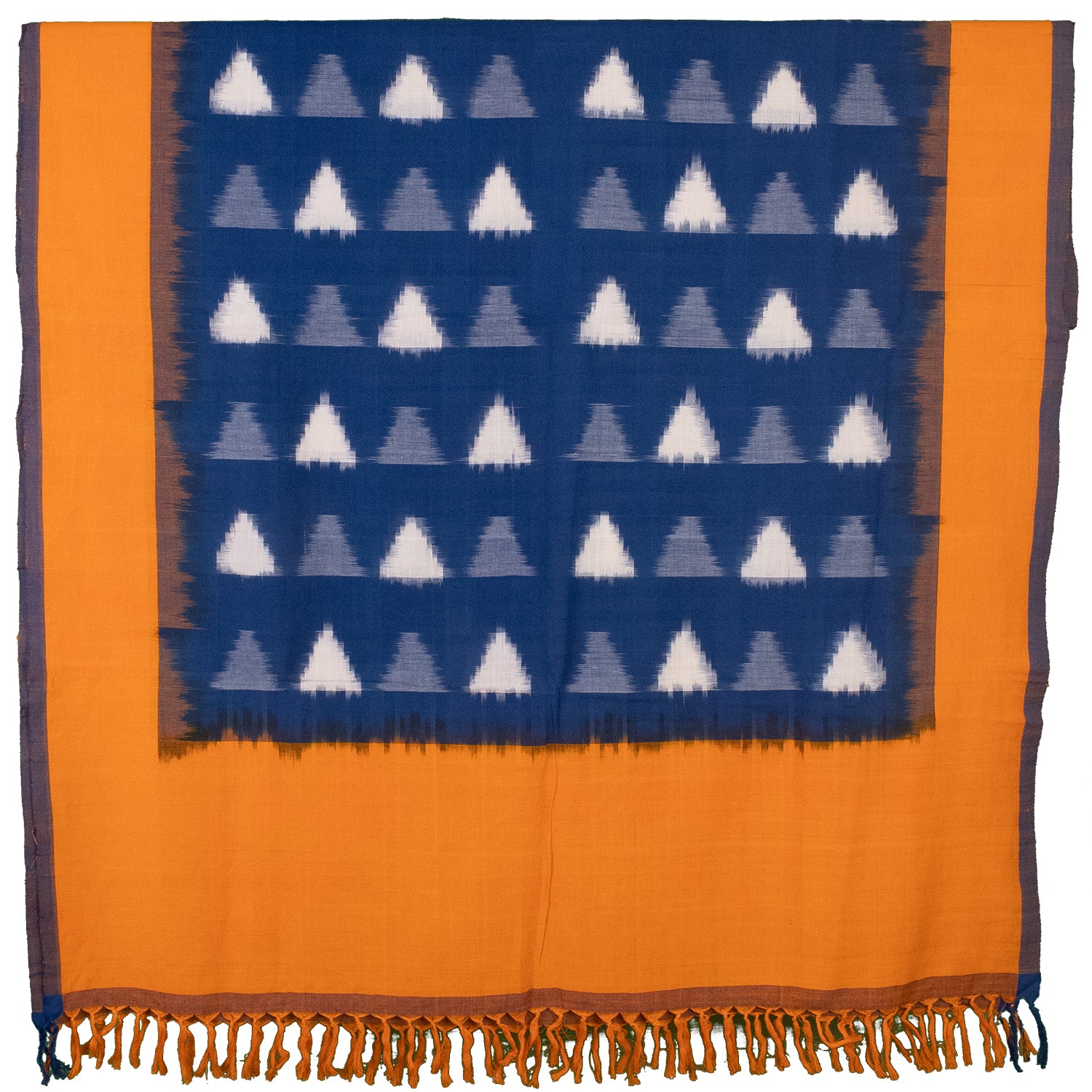 Ethnica Handloom Blue Ikat Triangle Cotton Shawl with Orange Border
