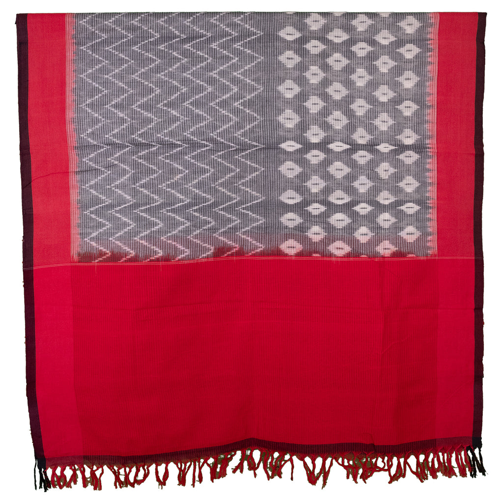 Ethnica Handloom Red & Grey Ikat Cotton Dupatta with Tassels