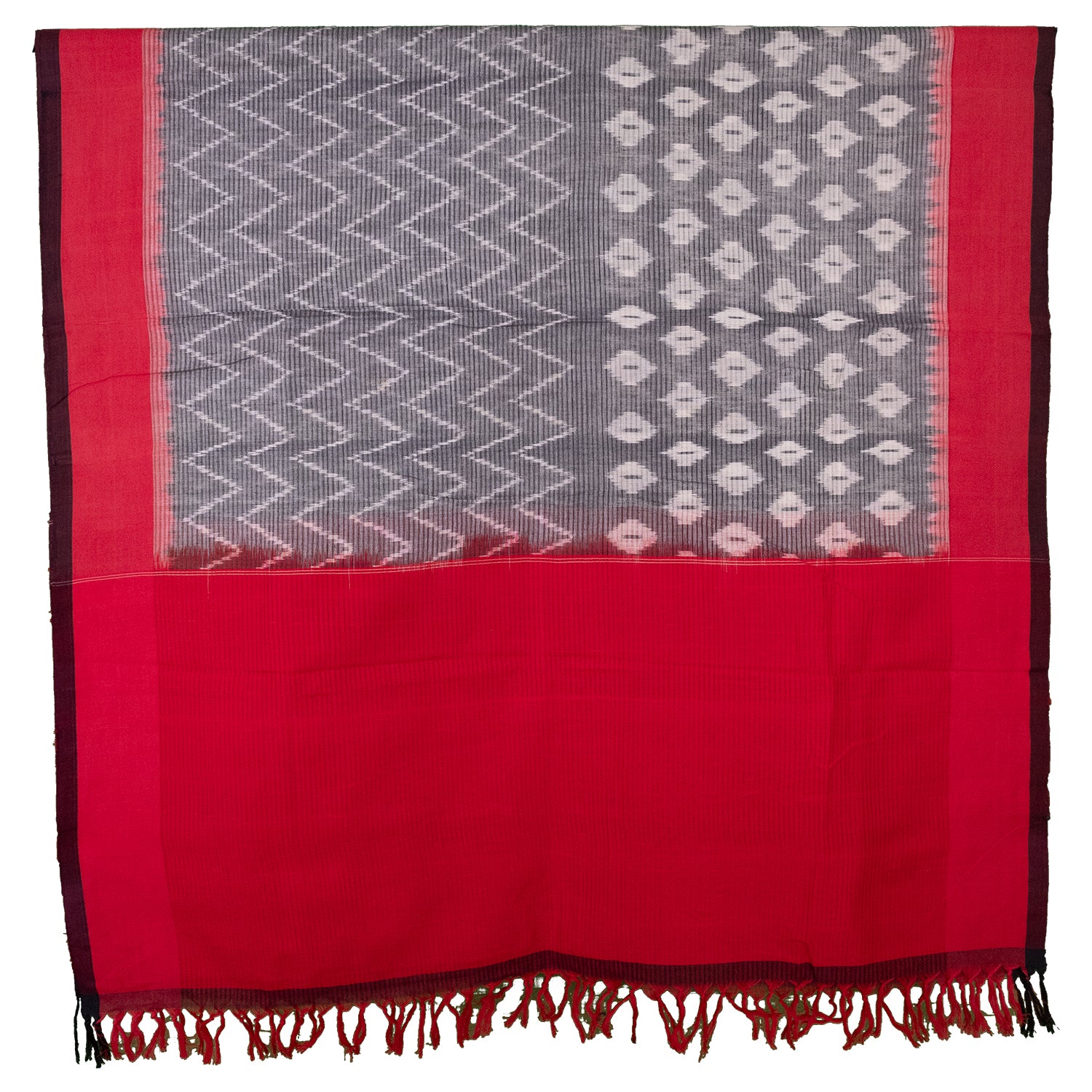 Ethnica Handloom Red & Grey Ikat Cotton Dupatta with Tassels