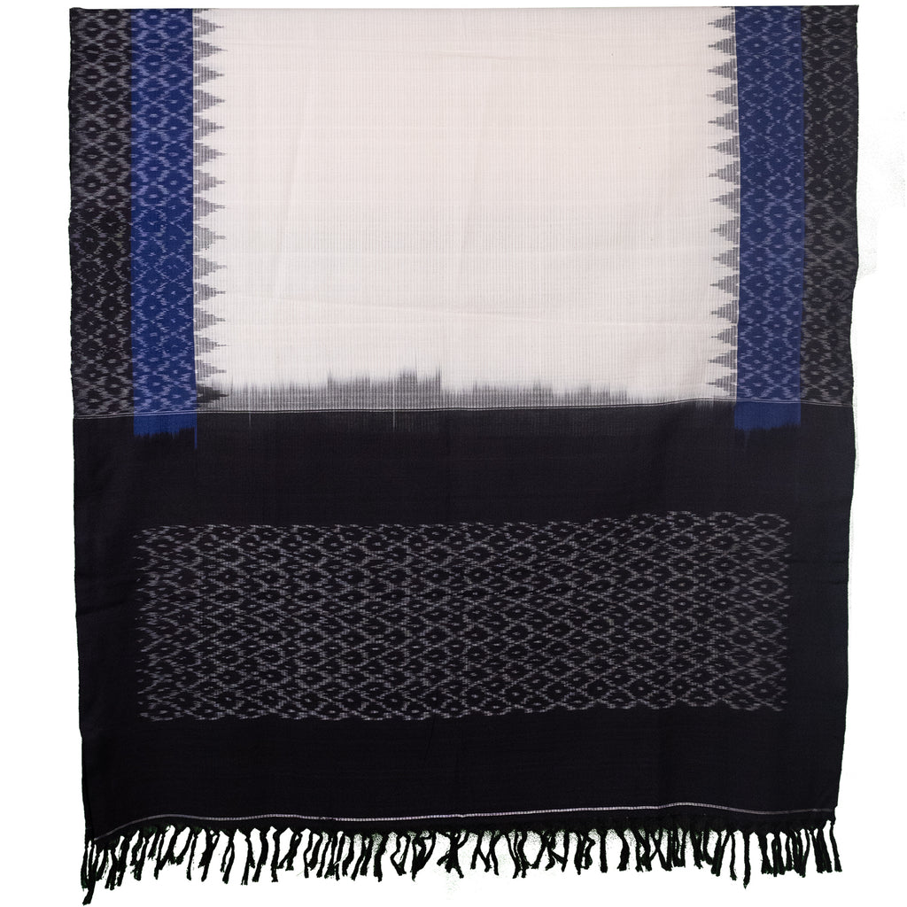 Off-White & Midnight Black Geometric Sambalpuri Single Ikat Cotton Dupatta
