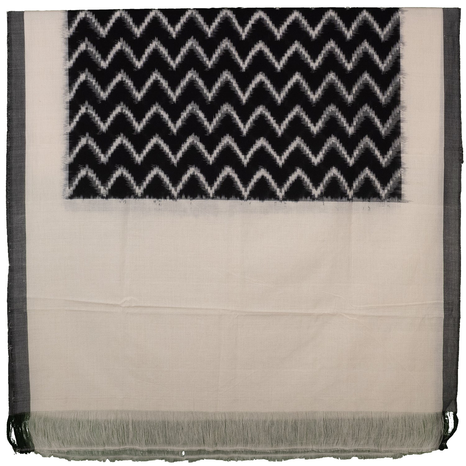 Off-White & Coal Black Zigzag Chevron Pochampally Single Ikat Cotton Dupatta