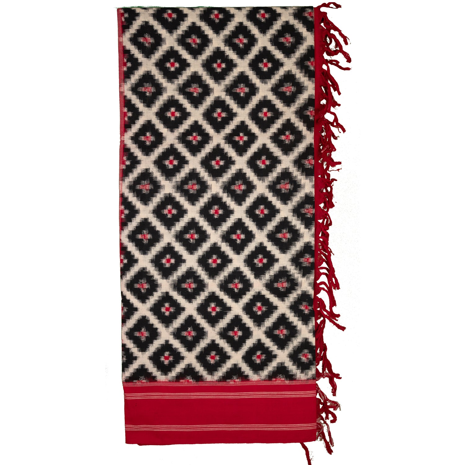 Red Cotton Pochampally Telia Rumal Double Ikkat Handloom Dupatta