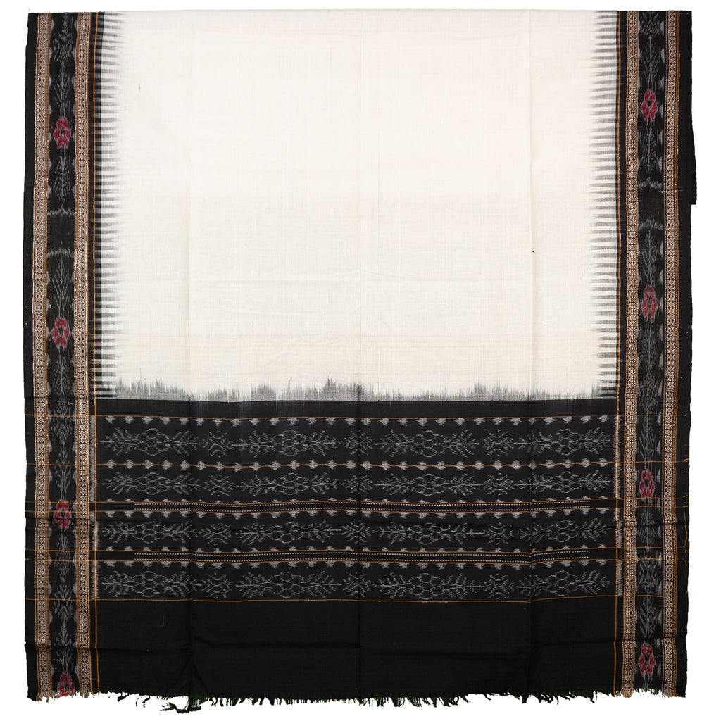 Ivory White & Jet Black Floral Geometric Sambalpuri Single Ikat Cotton Dupatta