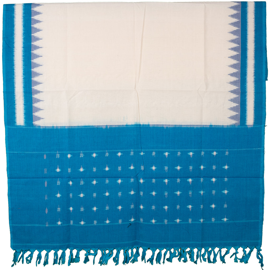 Off-White & Cyan Blue Temple Border Pochampally Single Ikat Cotton Dupatta