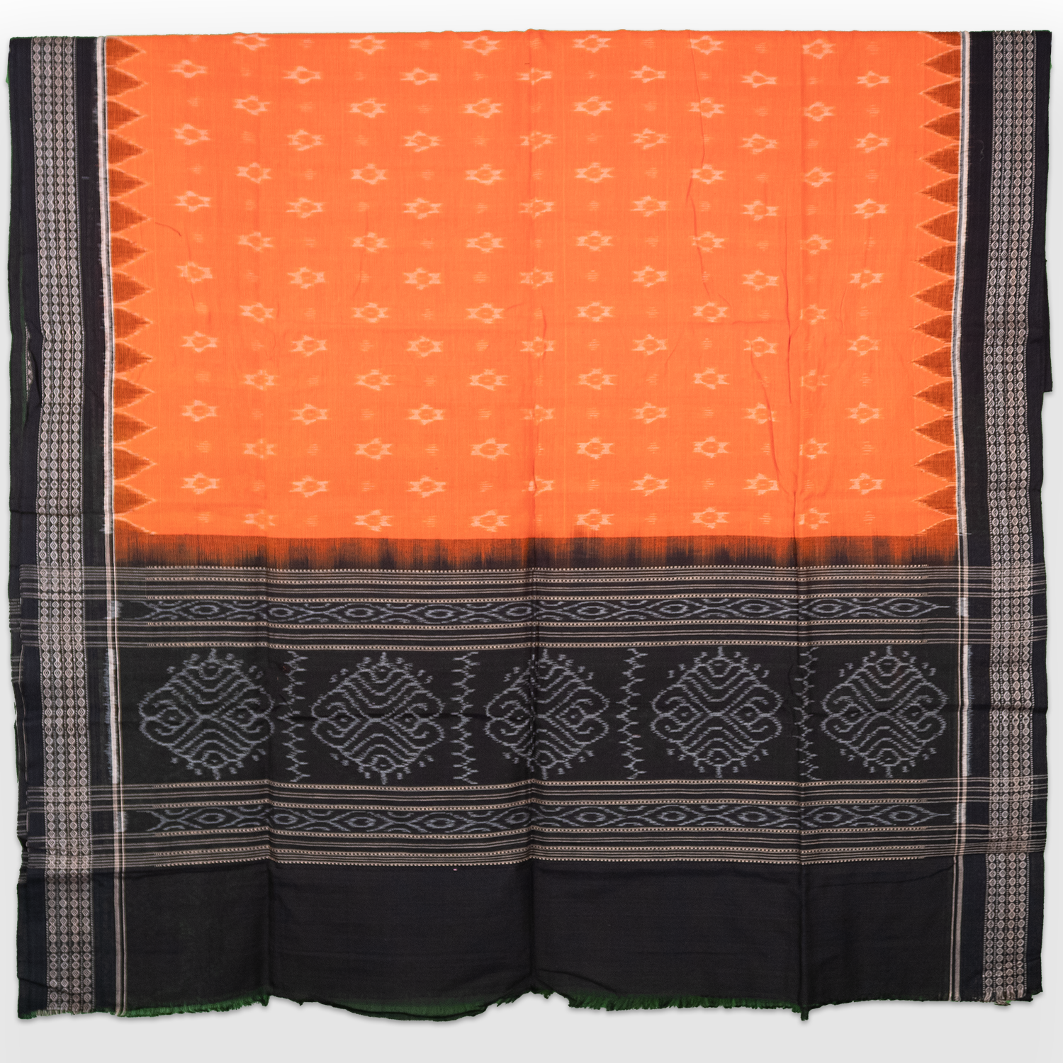 Saffron Orange & Jet Black Traditional Sambalpuri Single Ikat Cotton Dupatta