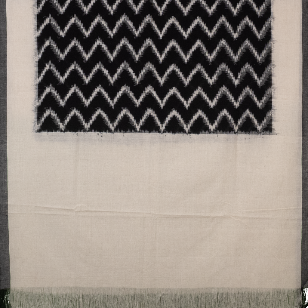 Off-White & Coal Black Zigzag Chevron Pochampally Single Ikat Cotton Dupatta