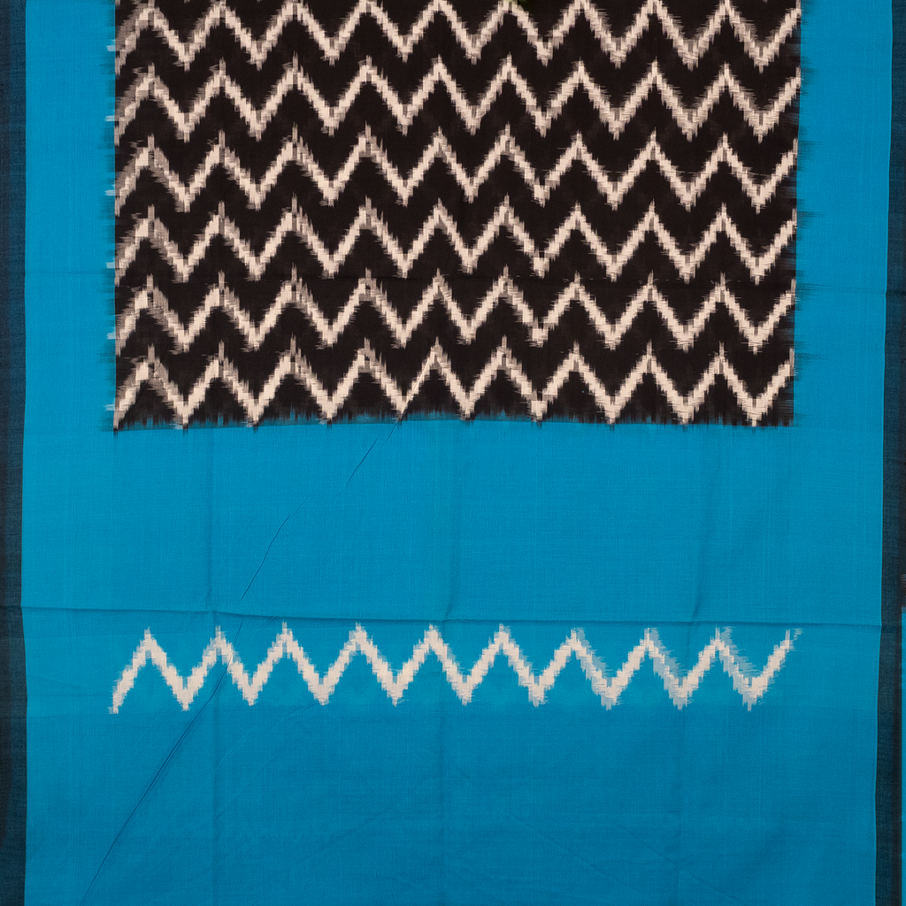 Cyan Blue & Coal Black Zigzag Pochampally Single Ikat Cotton Dupatta