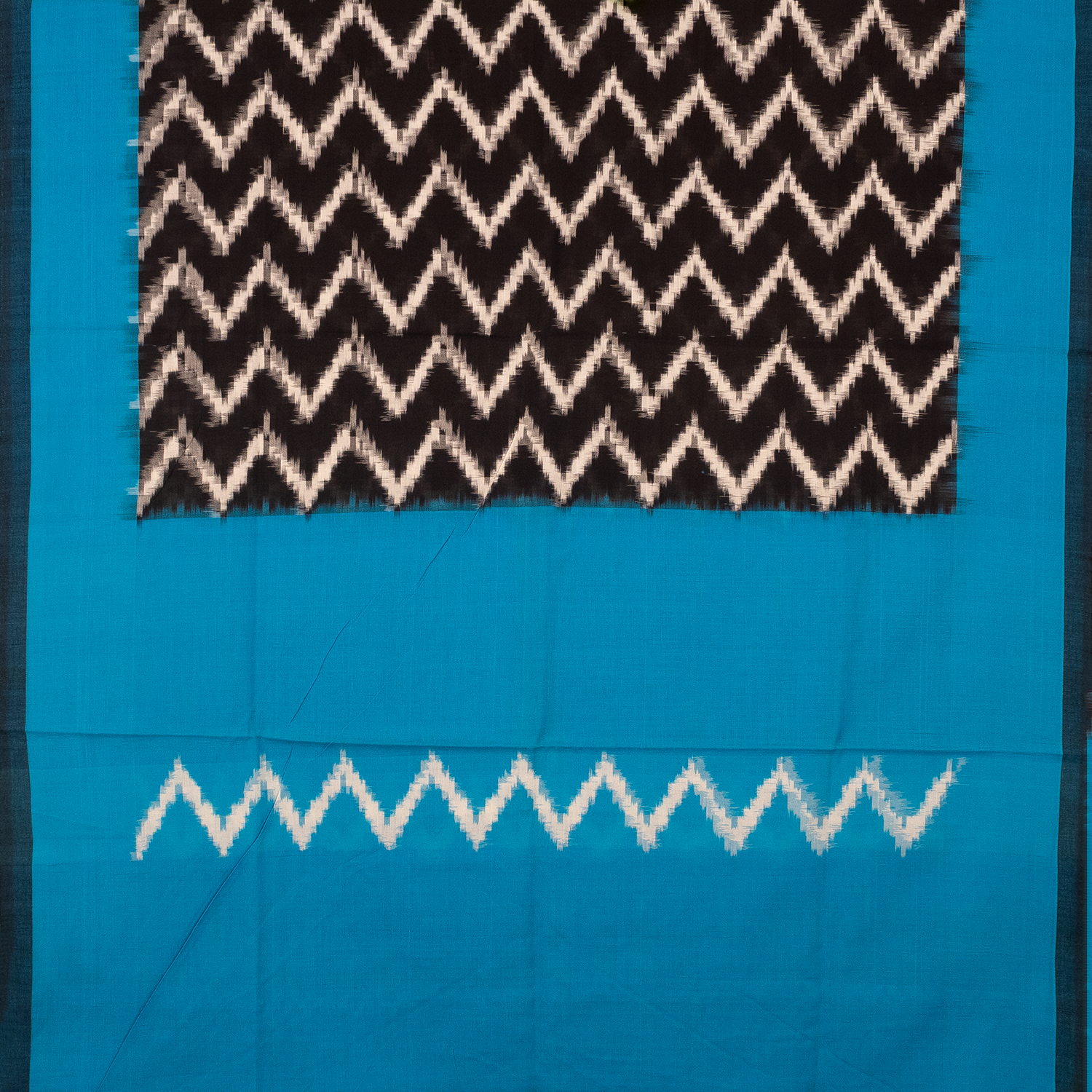 Cyan Blue & Coal Black Zigzag Pochampally Single Ikat Cotton Dupatta