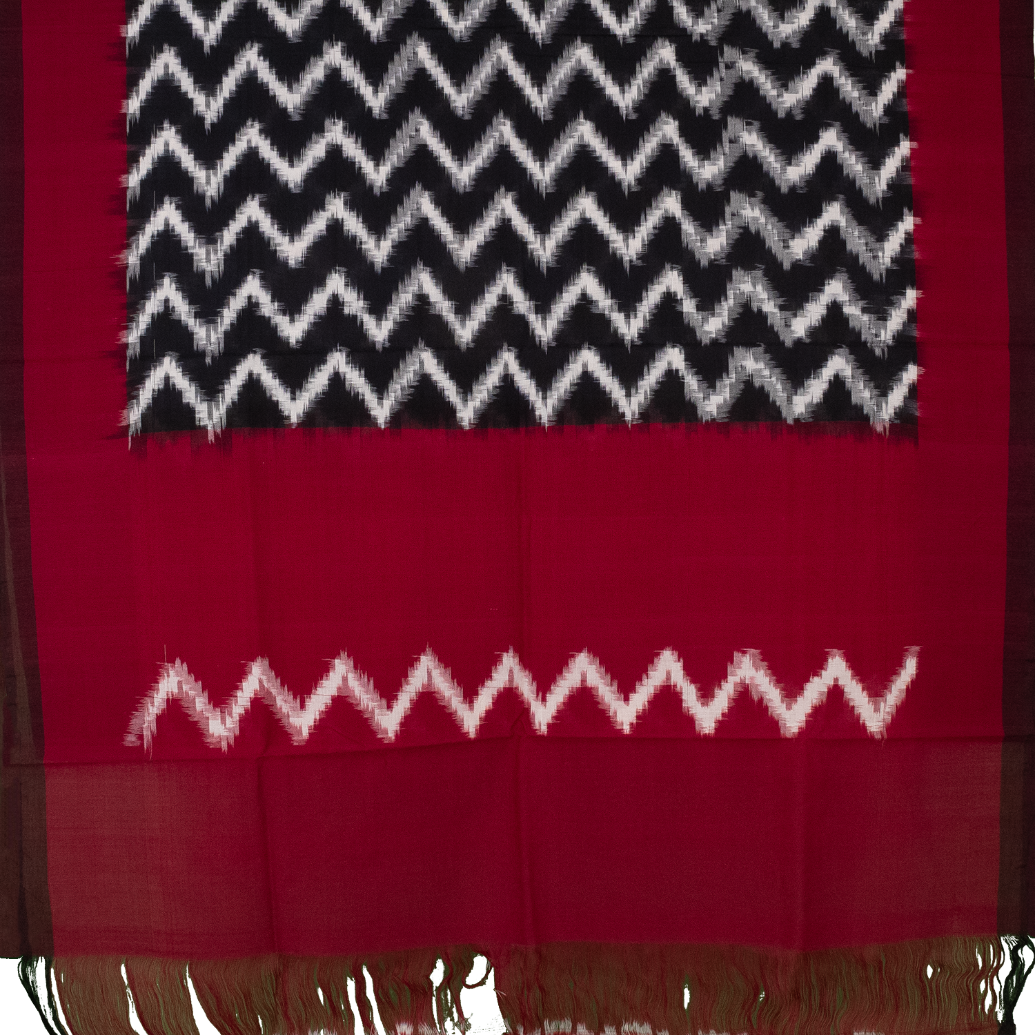 Crimson Red & Charcoal Black Zigzag Geometric Sambalpuri Single Ikat Cotton Dupatta