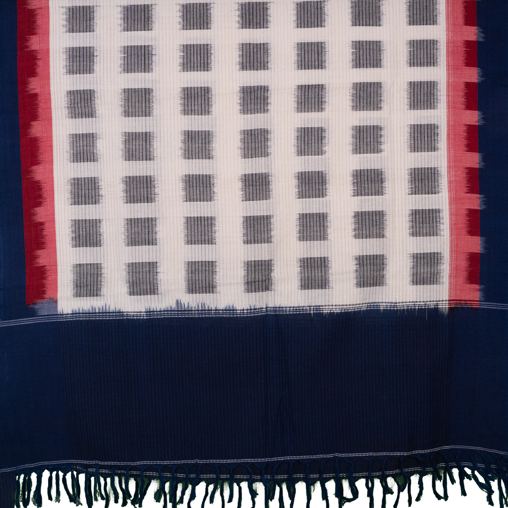 Indigo Blue & Pristine White Grid Sambalpuri Single Ikat Cotton Dupatta