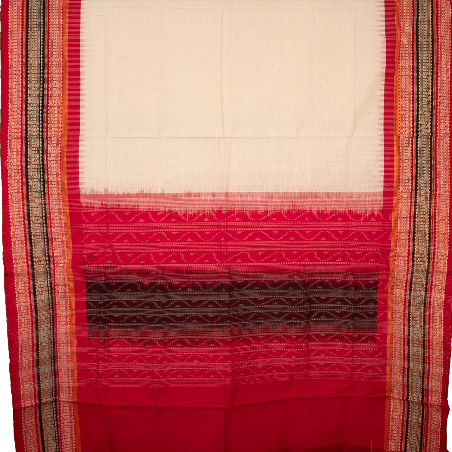 Ivory & Crimson Red Geometric Sambalpuri Single Ikat Cotton Dupatta