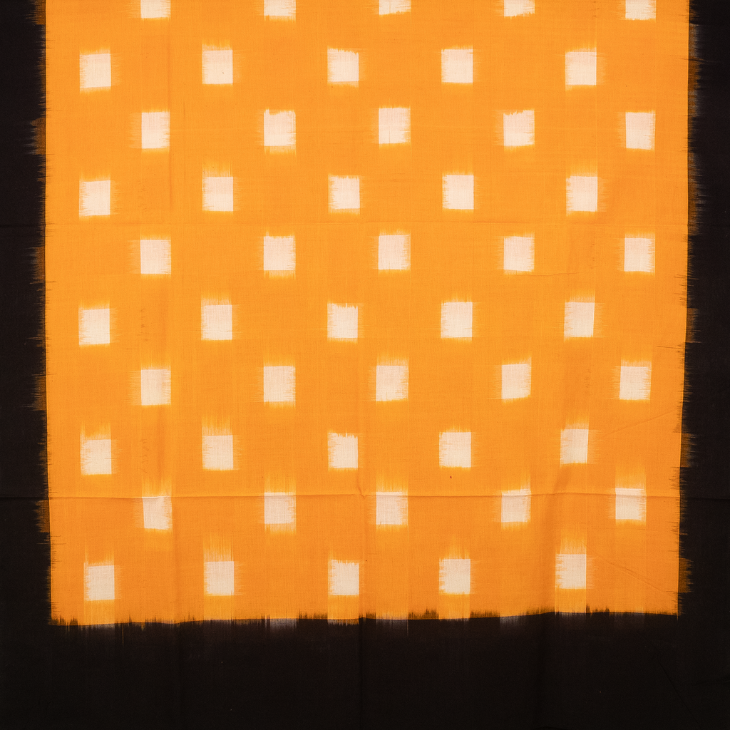 Marigold Orange & Jet Black Geometric Square Pochampally Single Ikat Cotton Dupatta