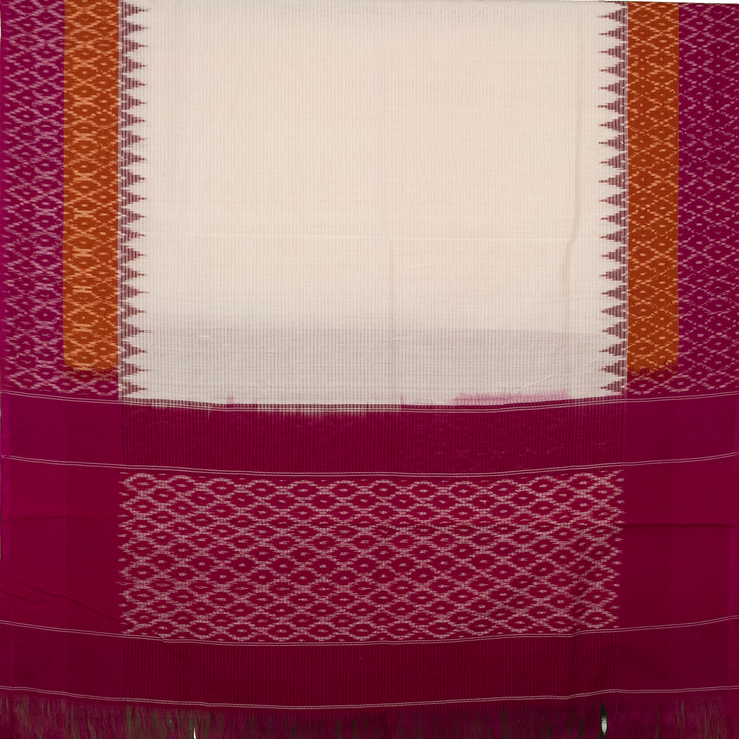 Ivory & Wine Red Temple Border Geometric Pochampally Single Ikat Cotton Dupatta