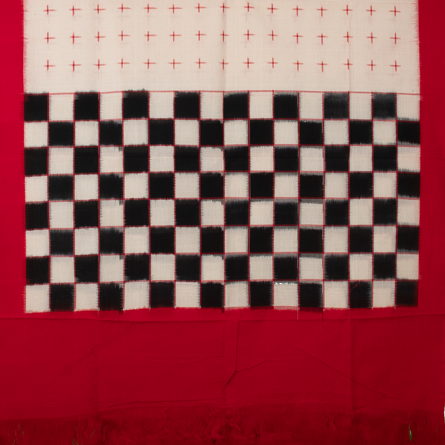 Crimson Red & Jet Black Checkerboard Bichitrapuri Double Ikat Cotton Dupatta