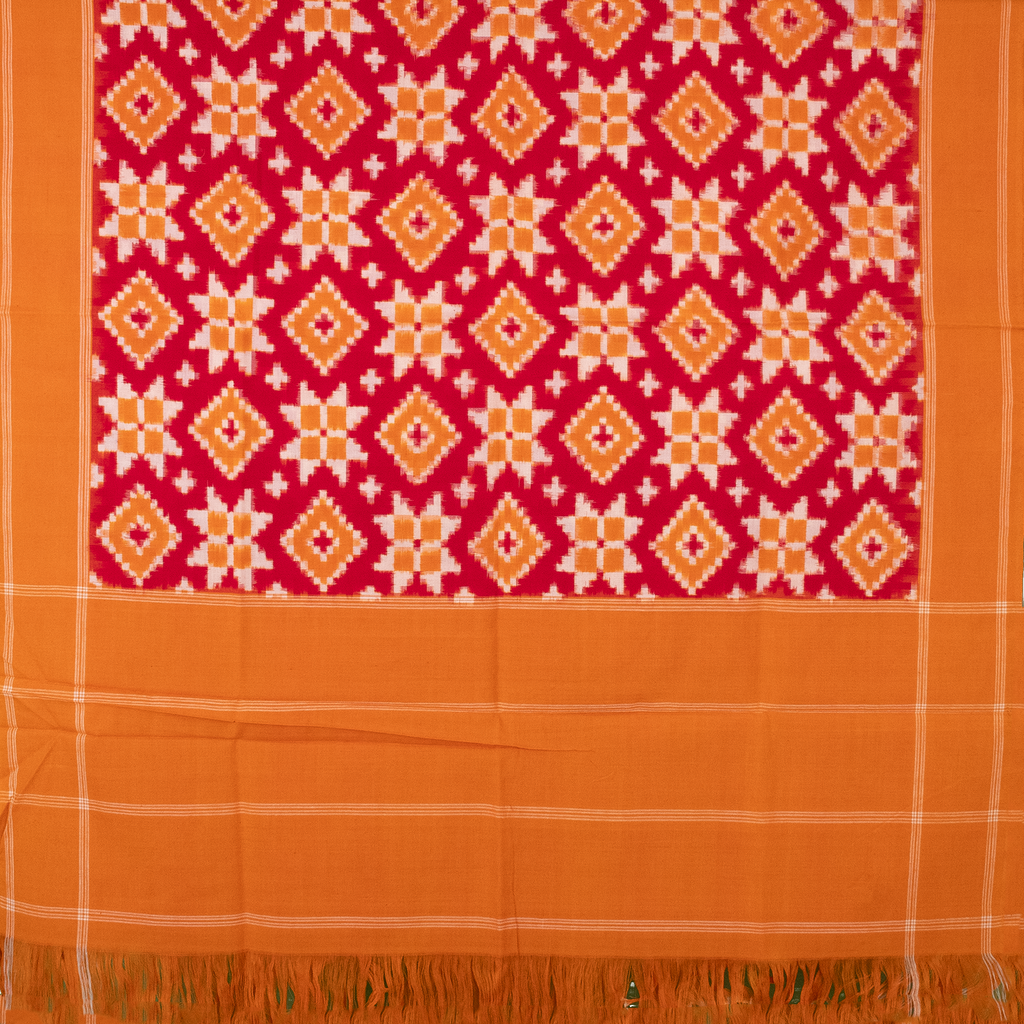 Crimson Red & Golden Orange Geometric Pochampally Double Ikat Cotton Dupatta