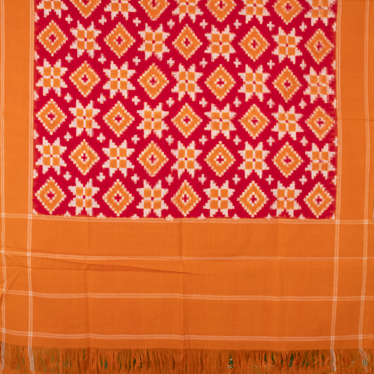 Crimson Red & Golden Orange Geometric Pochampally Double Ikat Cotton Dupatta