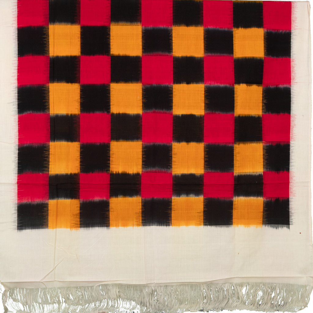 Crimson Red & Charcoal Black Checkered Grid Pochampally Double Ikat Cotton Dupatta
