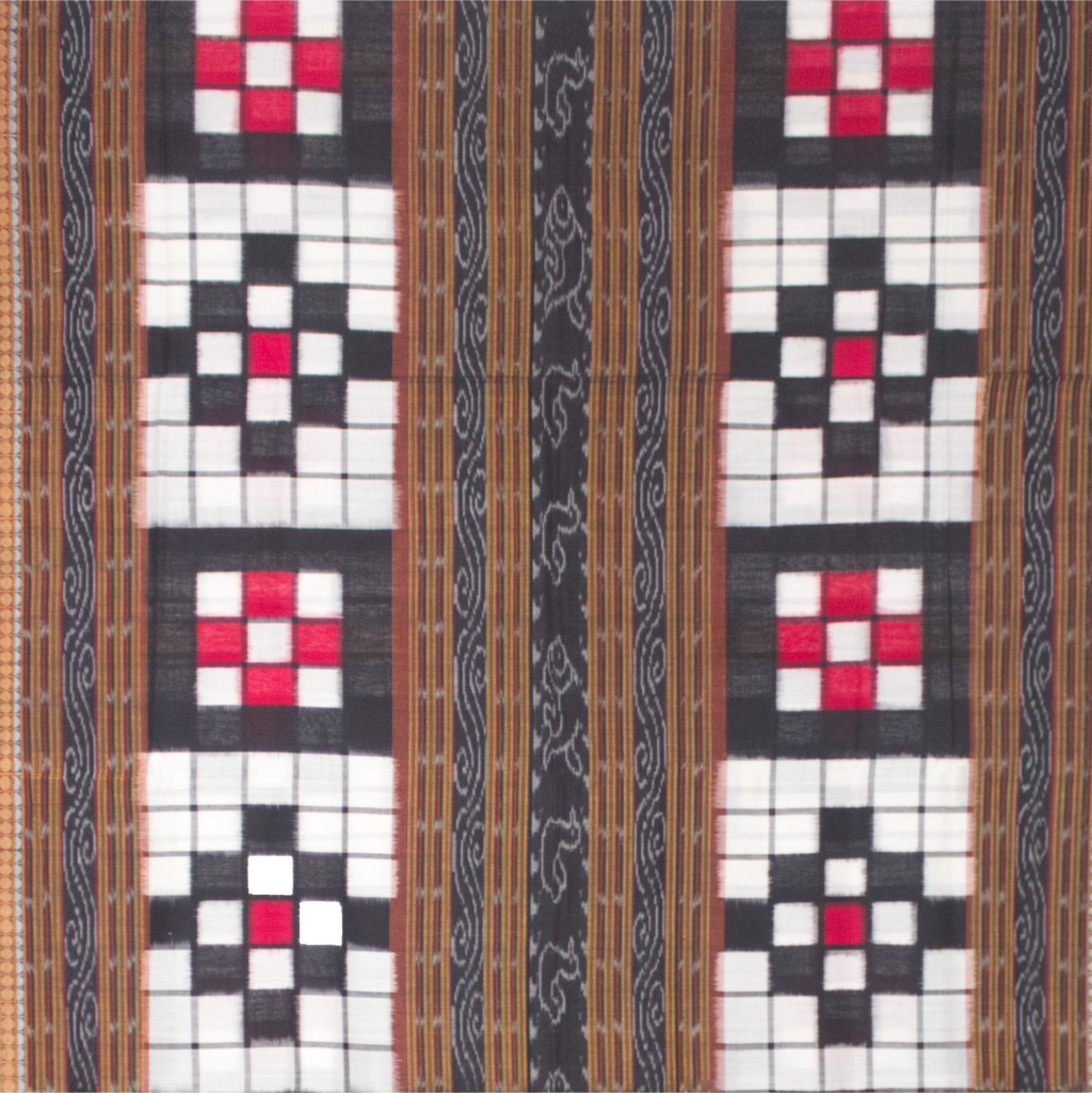 Jet Black & Crimson Red Geometric Checkerboard Bichitrapuri Double Ikat Cotton Saree