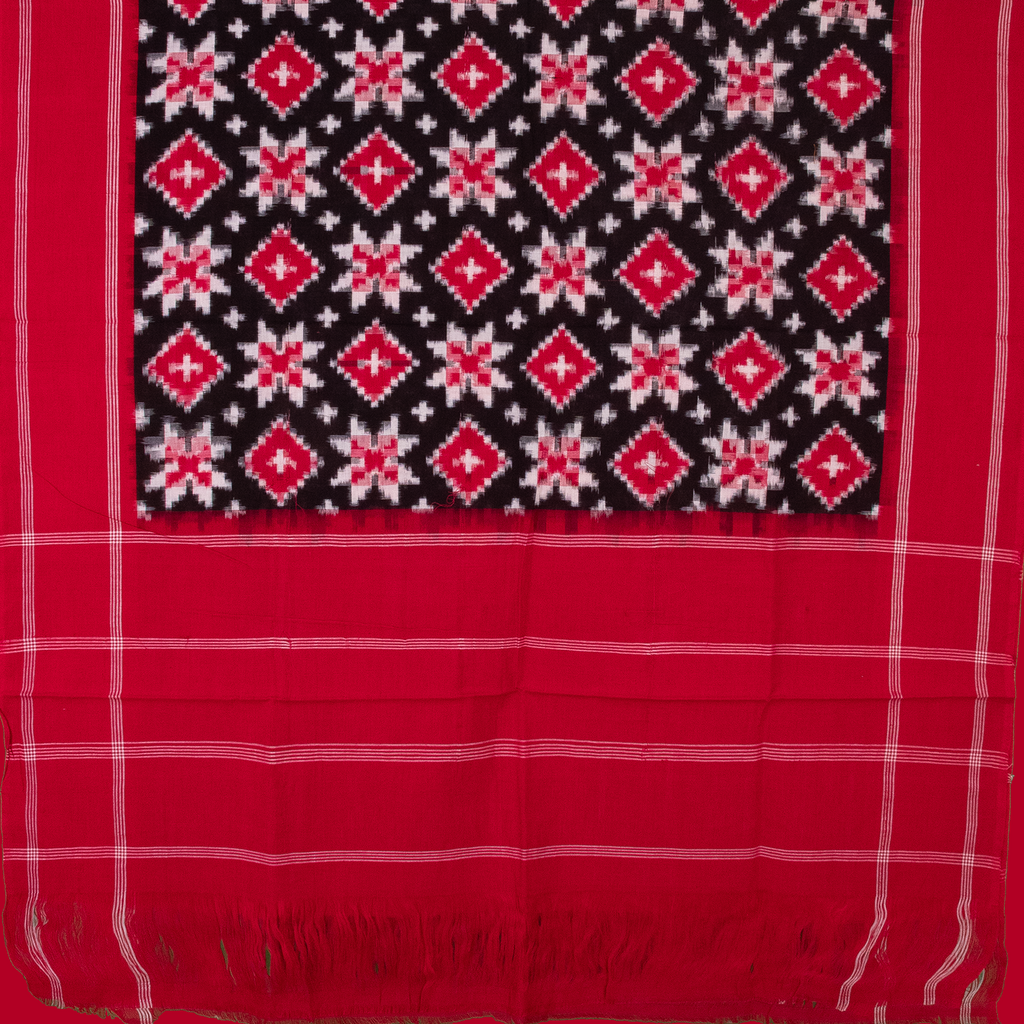 Crimson Red & Raven Black Geometric Telia Rumal Double Ikat Cotton Dupatta