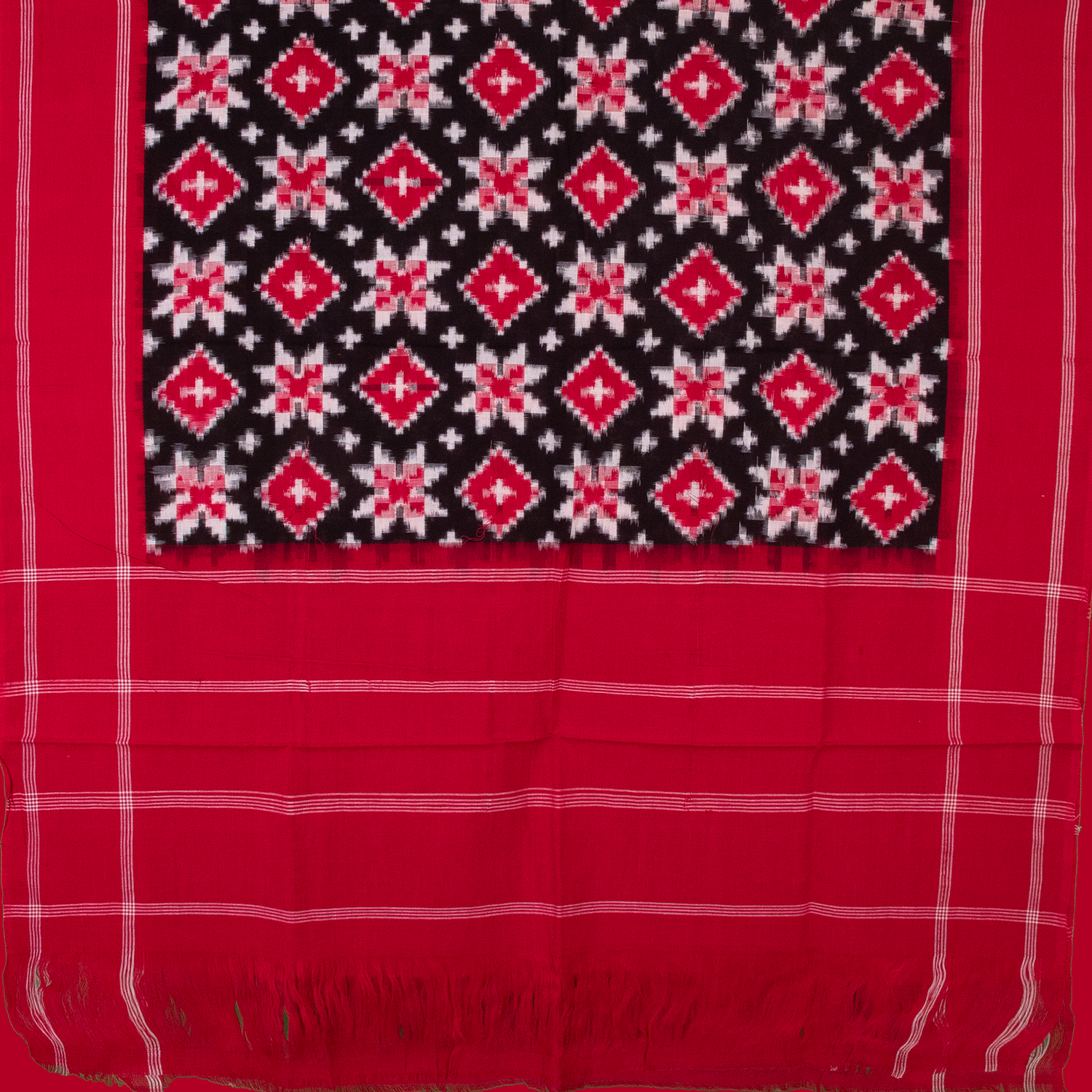 Crimson Red & Raven Black Geometric Telia Rumal Double Ikat Cotton Dupatta