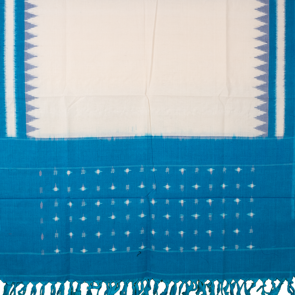 Off-White & Cyan Blue Temple Border Pochampally Single Ikat Cotton Dupatta