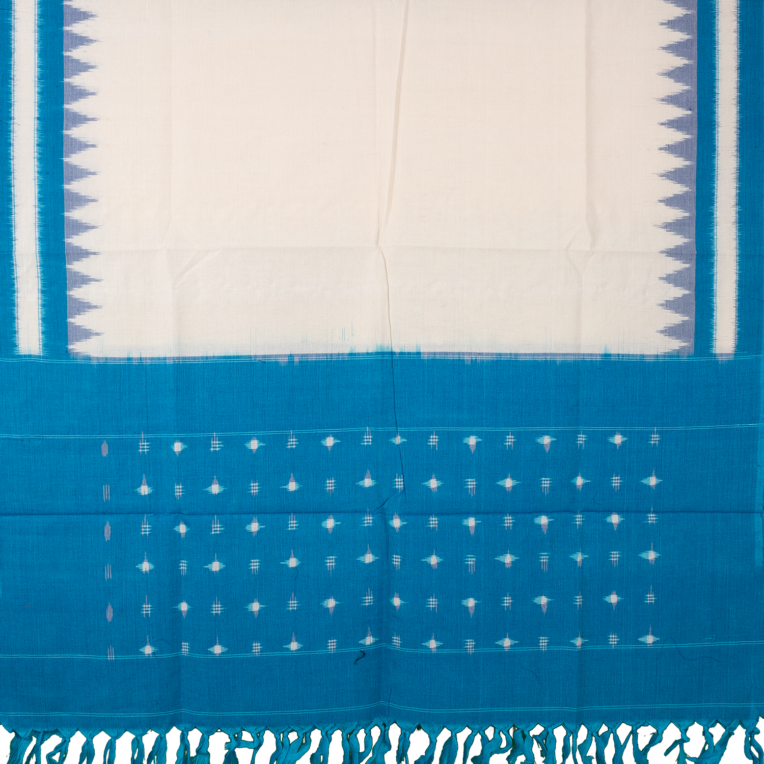 Off-White & Cyan Blue Temple Border Pochampally Single Ikat Cotton Dupatta