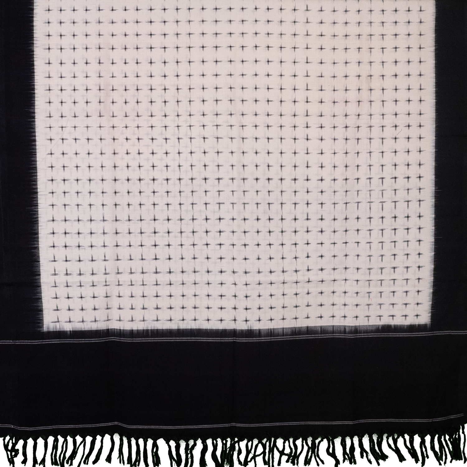 Ivory White & Jet Black Geometric Cross Sambalpuri Single Ikat Cotton Dupatta