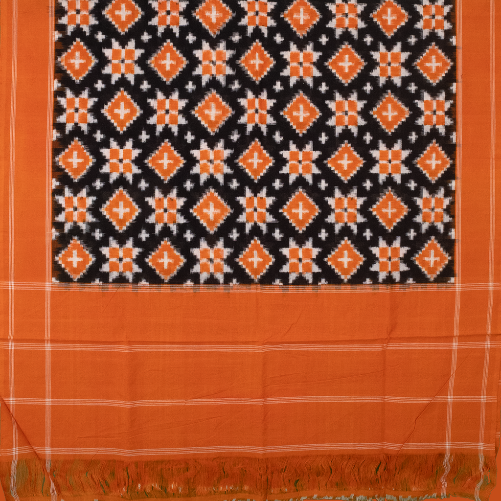 Jet Black & Tangerine Orange Geometric Pasapalli Sambalpuri Double Ikat Cotton Dupatta