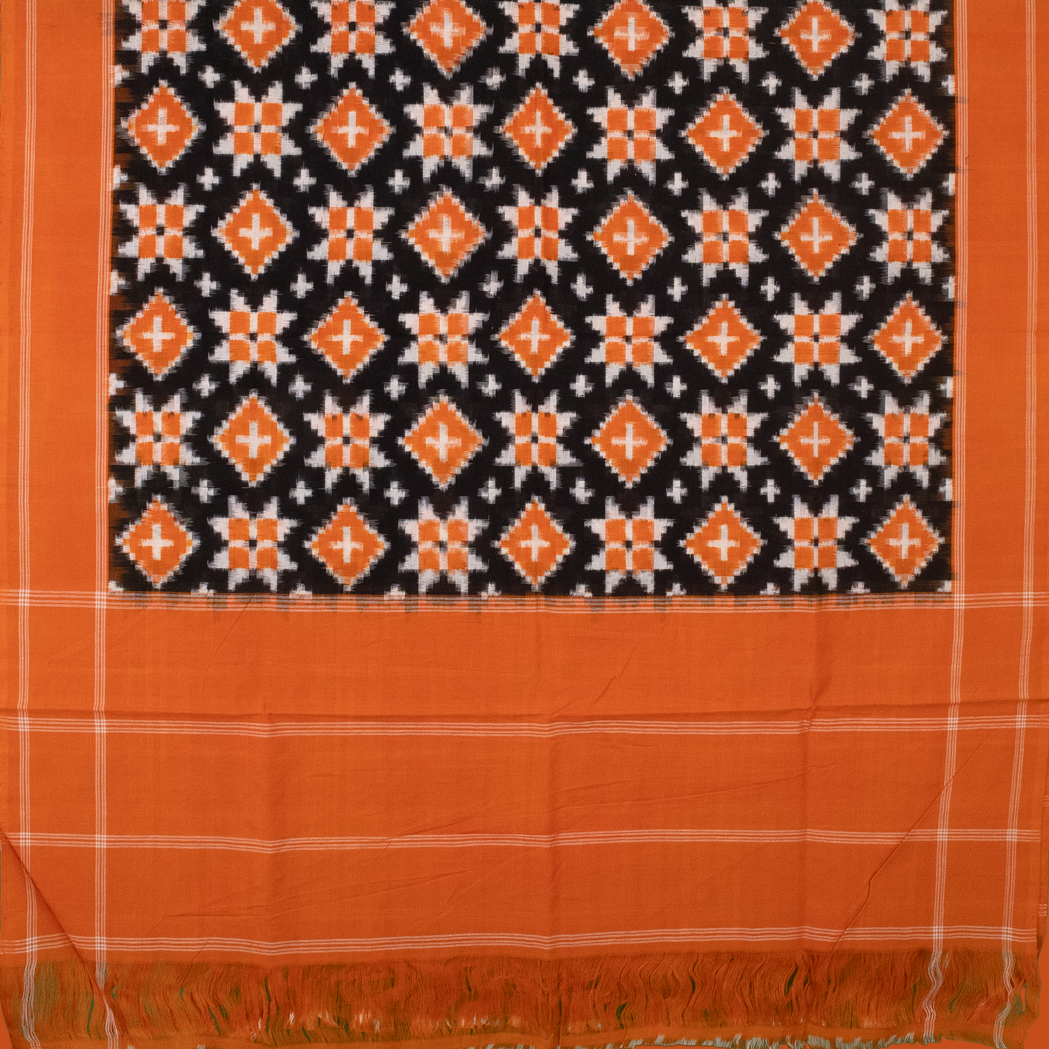Jet Black & Tangerine Orange Geometric Pasapalli Sambalpuri Double Ikat Cotton Dupatta