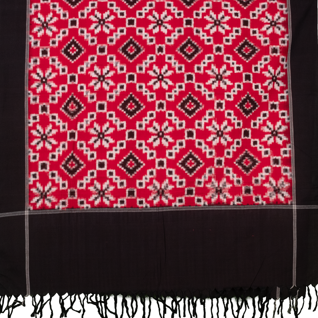 Crimson Red & Charcoal Black Geometric Telia Rumal Double Ikat Cotton Dupatta