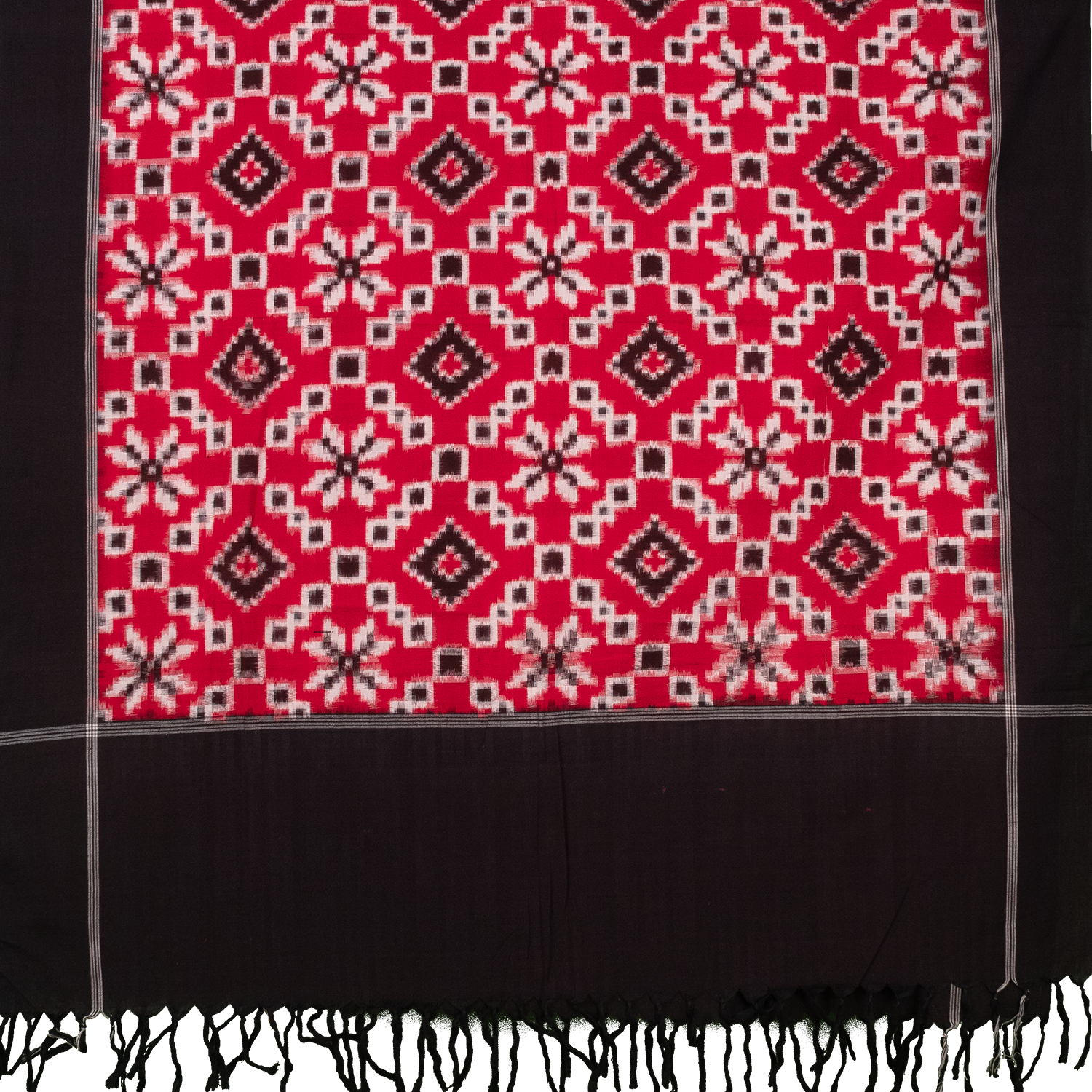 Crimson Red & Charcoal Black Geometric Telia Rumal Double Ikat Cotton Dupatta