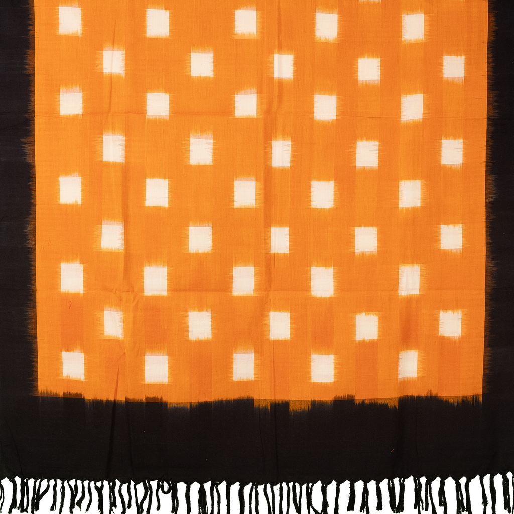 Saffron Orange & Jet Black Grid Geometric Pochampally Single Ikat Cotton Dupatta