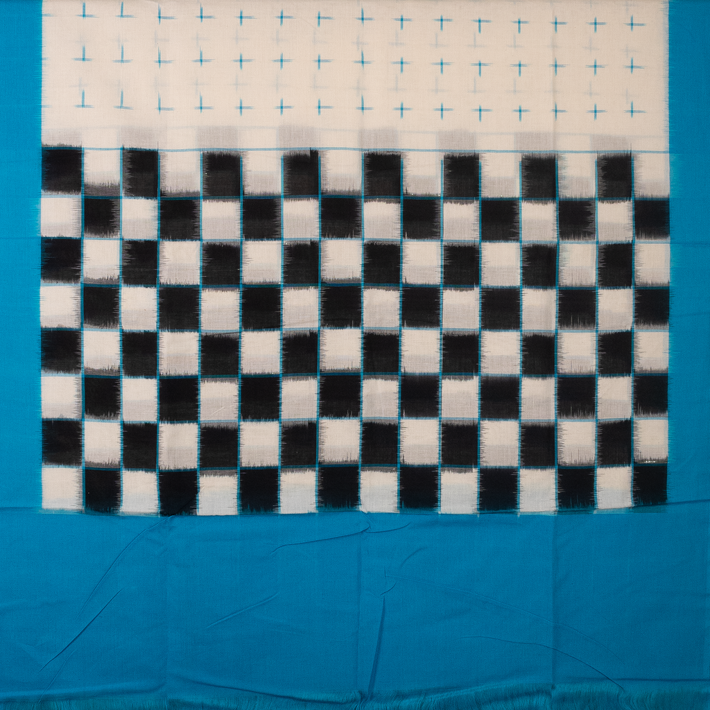Feroza Blue & Coal Black Pasapalli Checkered Sambalpuri Single Ikat Cotton Dupatta