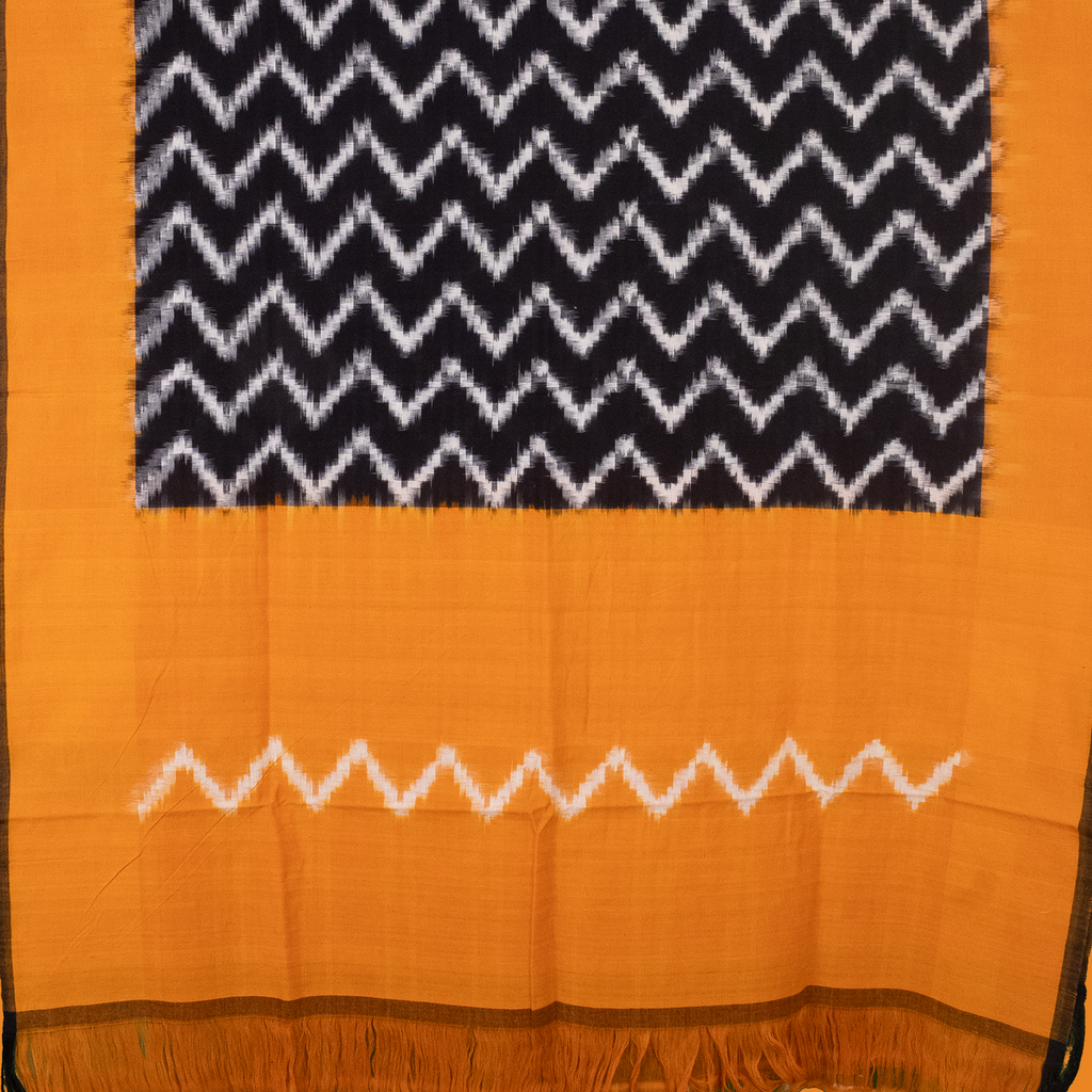 Ochre Yellow & Jet Black Chevron Pochampally Single Ikat Cotton Dupatta