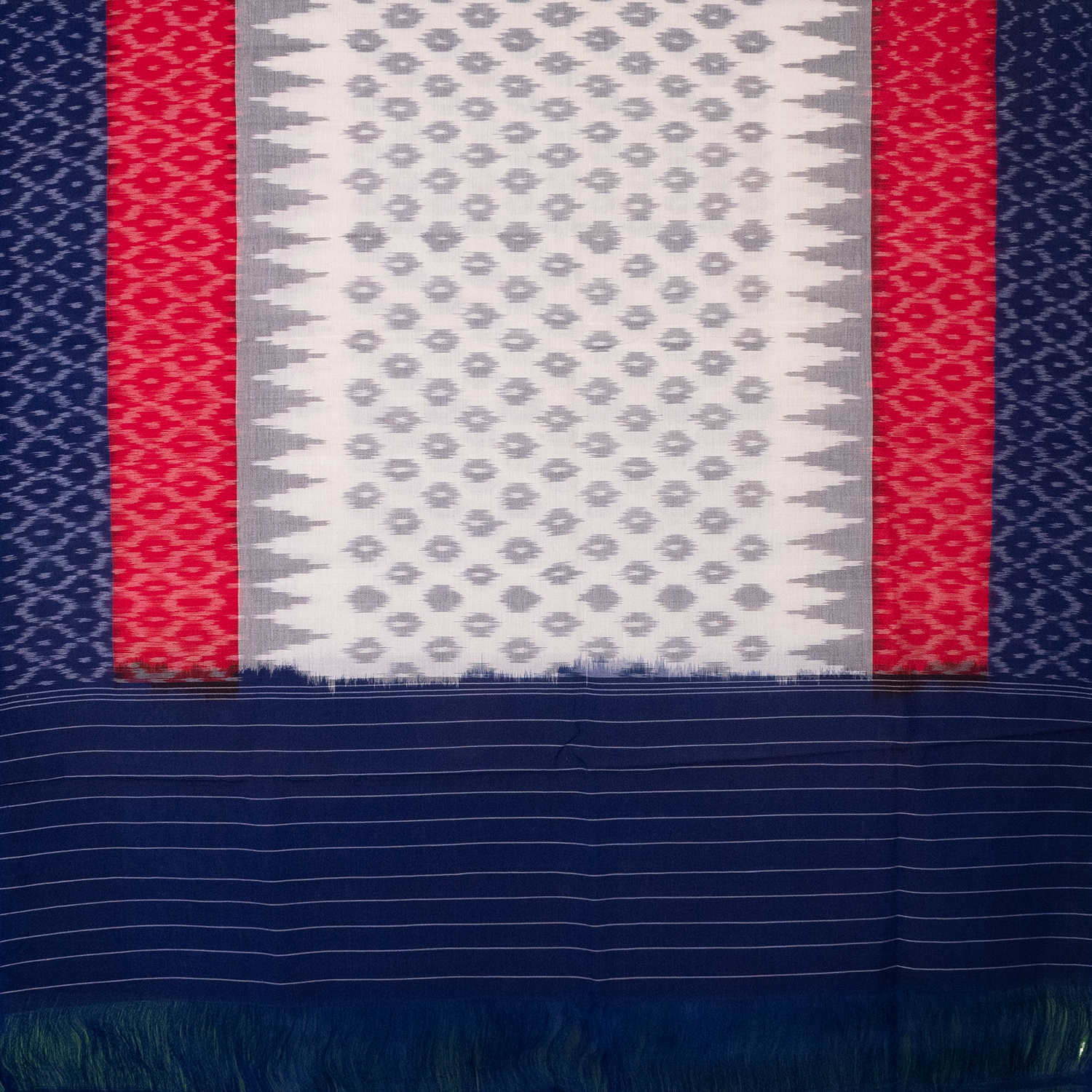 Navy Blue & Crimson Red Geometric Diamond Pochampally Single Ikat Cotton Dupatta
