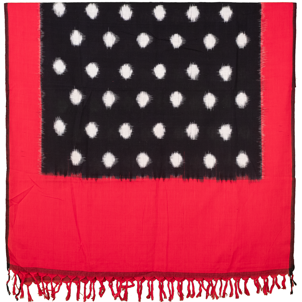 Jet Black & Crimson Red Polka Dot Pochampally Double Ikat Cotton Dupatta