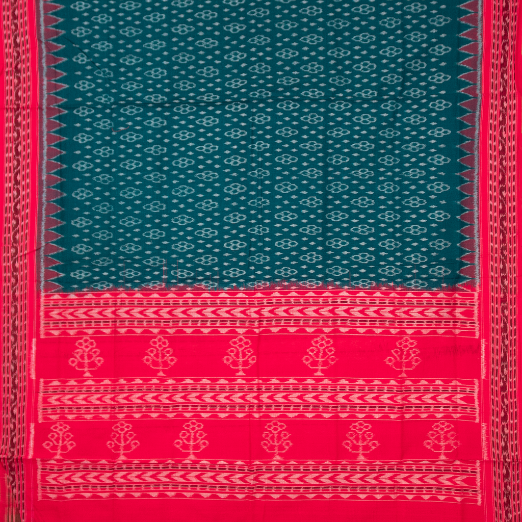 Teal Green & Ruby Red Floral Sambalpuri Single Ikat Cotton Dupatta