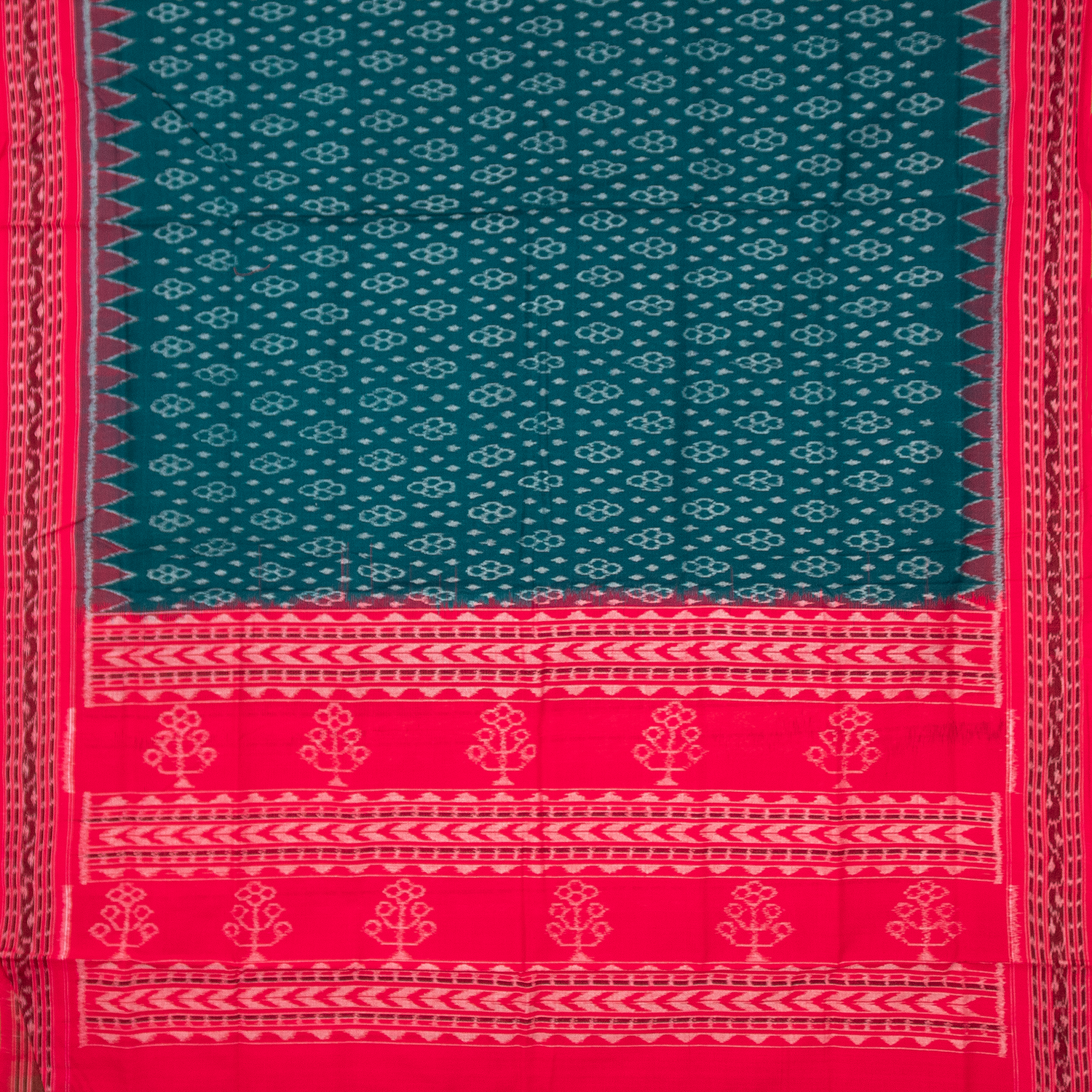 Teal Green & Ruby Red Floral Sambalpuri Single Ikat Cotton Dupatta